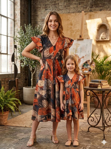 Mom & Me Abstract Printed Cotton Kaftan A-Line Dress