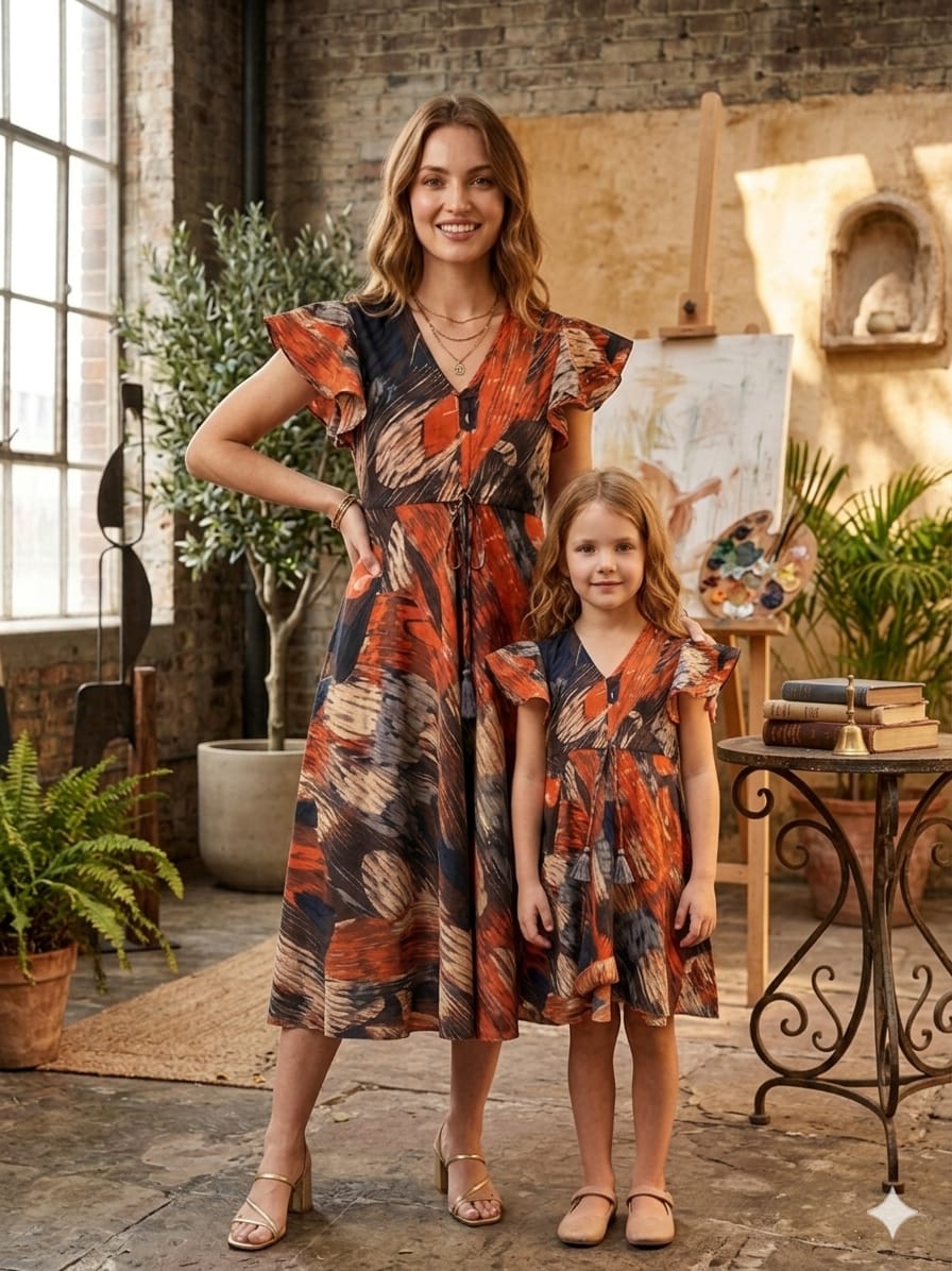 Mom & Me Abstract Printed Cotton Kaftan A-Line Dress