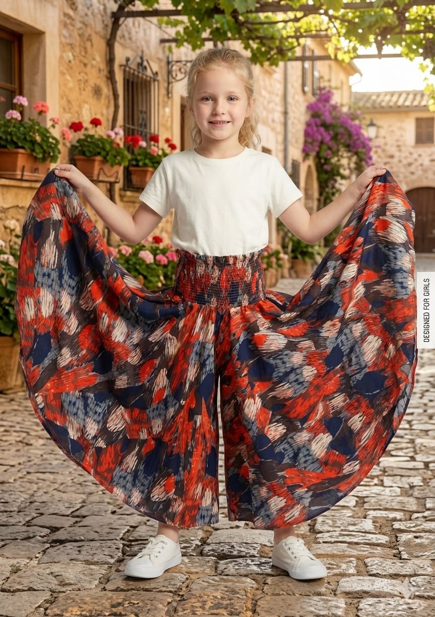 Baby Girl Abstract Printed Cotton Flared Palazzo Pants with Smocked Waist