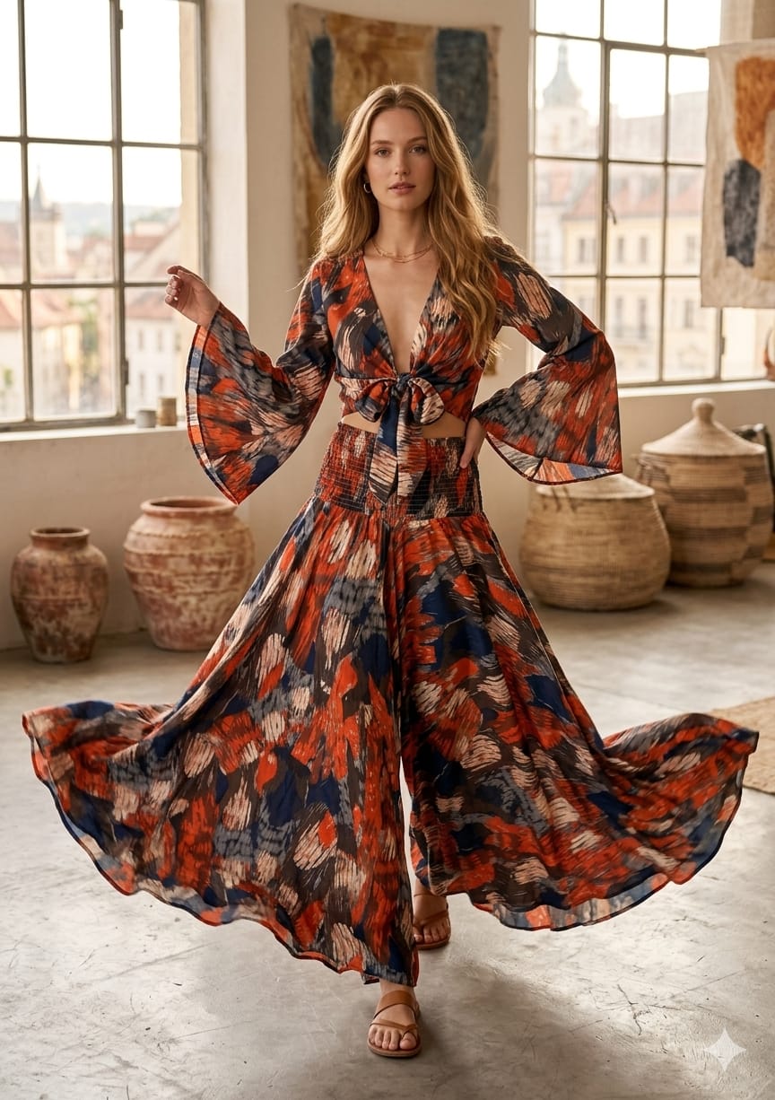 Women’s Abstract Printed Cotton Tie-Front Crop Top & Flared Palazzo Pant Co-ord Set