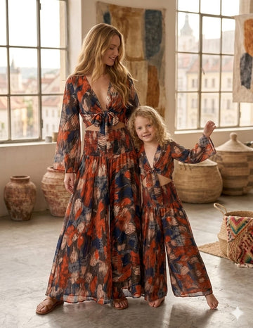 Mom & Me Multicolor Abstract Printed Cotton Tie-Front Crop Top & Flared Palazzo Pant Co-ord Set