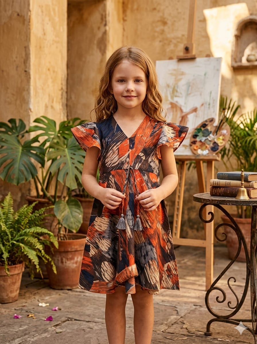 Baby Girls Multicolor Abstract Printed Cotton Umbrella Style A-Line Dress with Flutter Sleeves