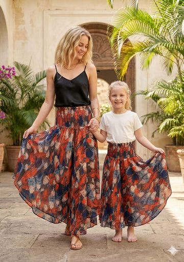 Mom & Daughter Multicolor Abstract Printed Cotton Flared Palazzo Pants with Smocked Waist