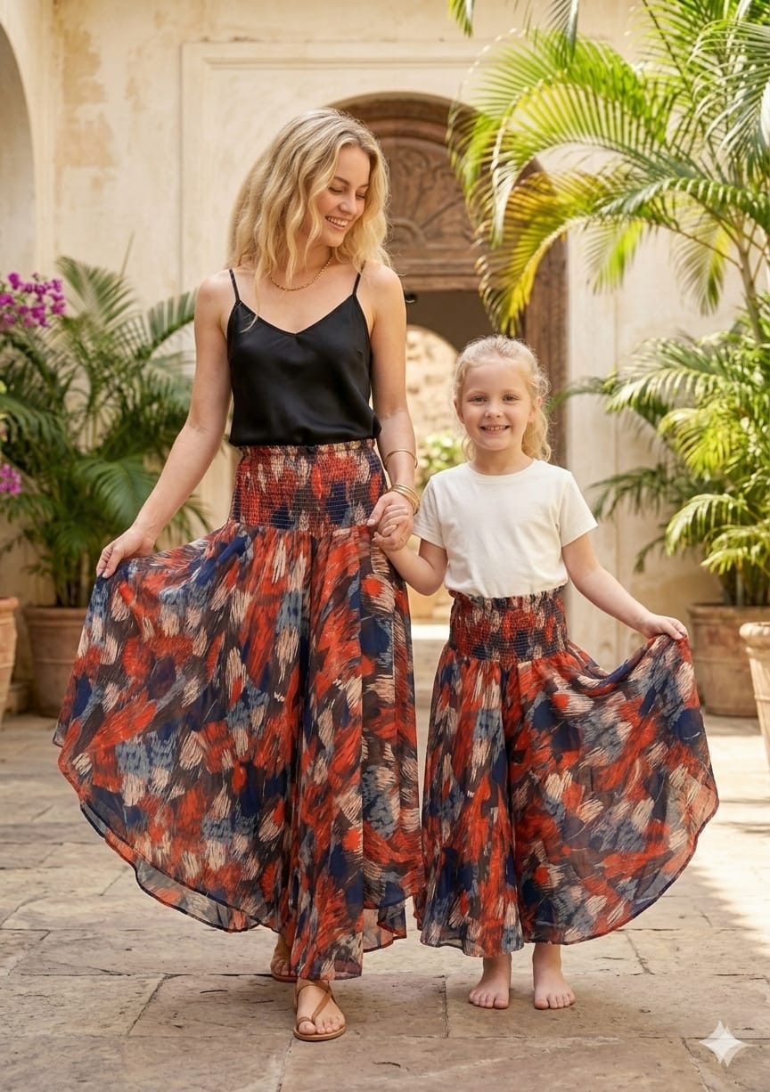 Mom & Daughter Multicolor Abstract Printed Cotton Flared Palazzo Pants with Smocked Waist