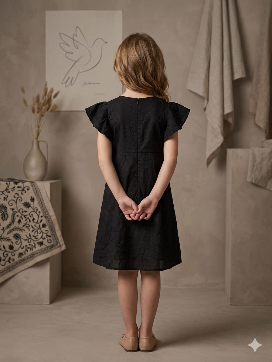 Baby Girls Black Rayon Umbrella Style A-Line Dress with Drawstring Waist