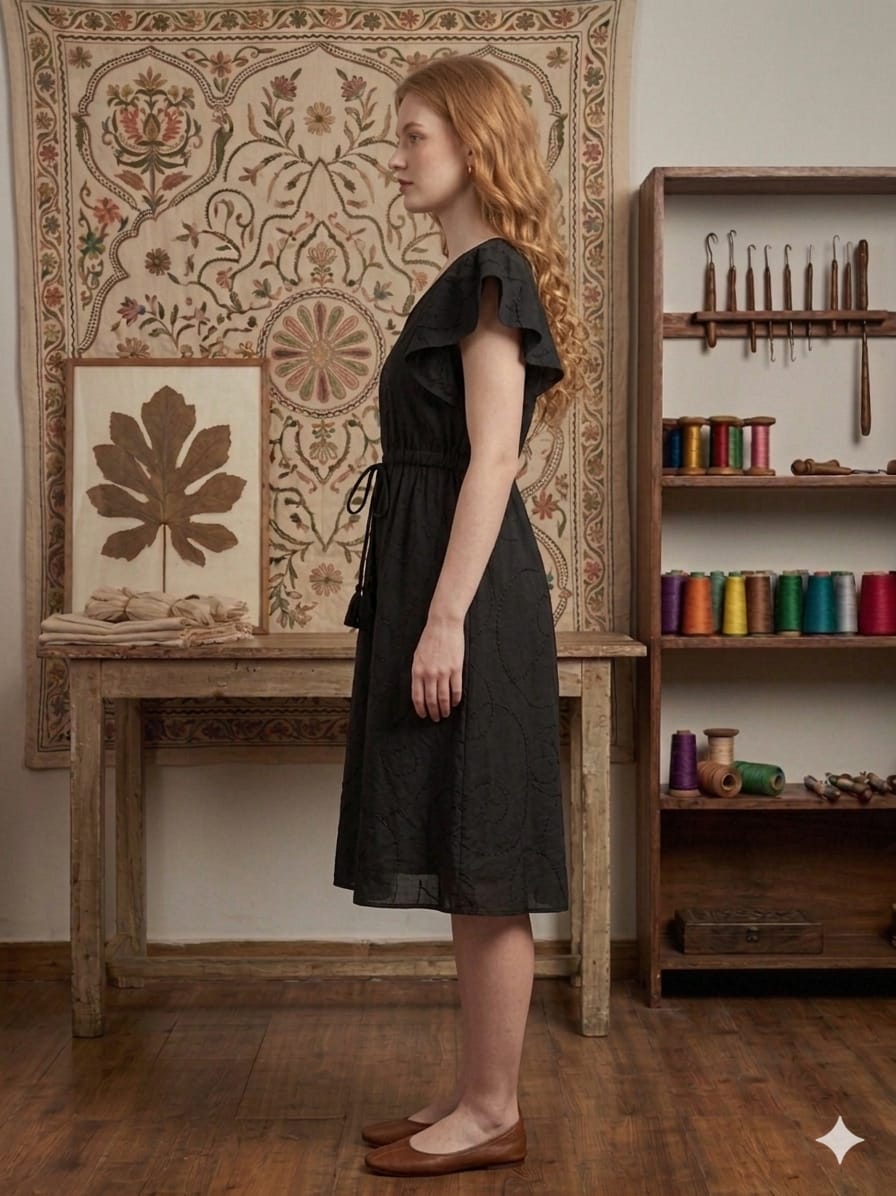 Women’s Black Rayon Umbrella Style A-Line Dress with Drawstring Waist