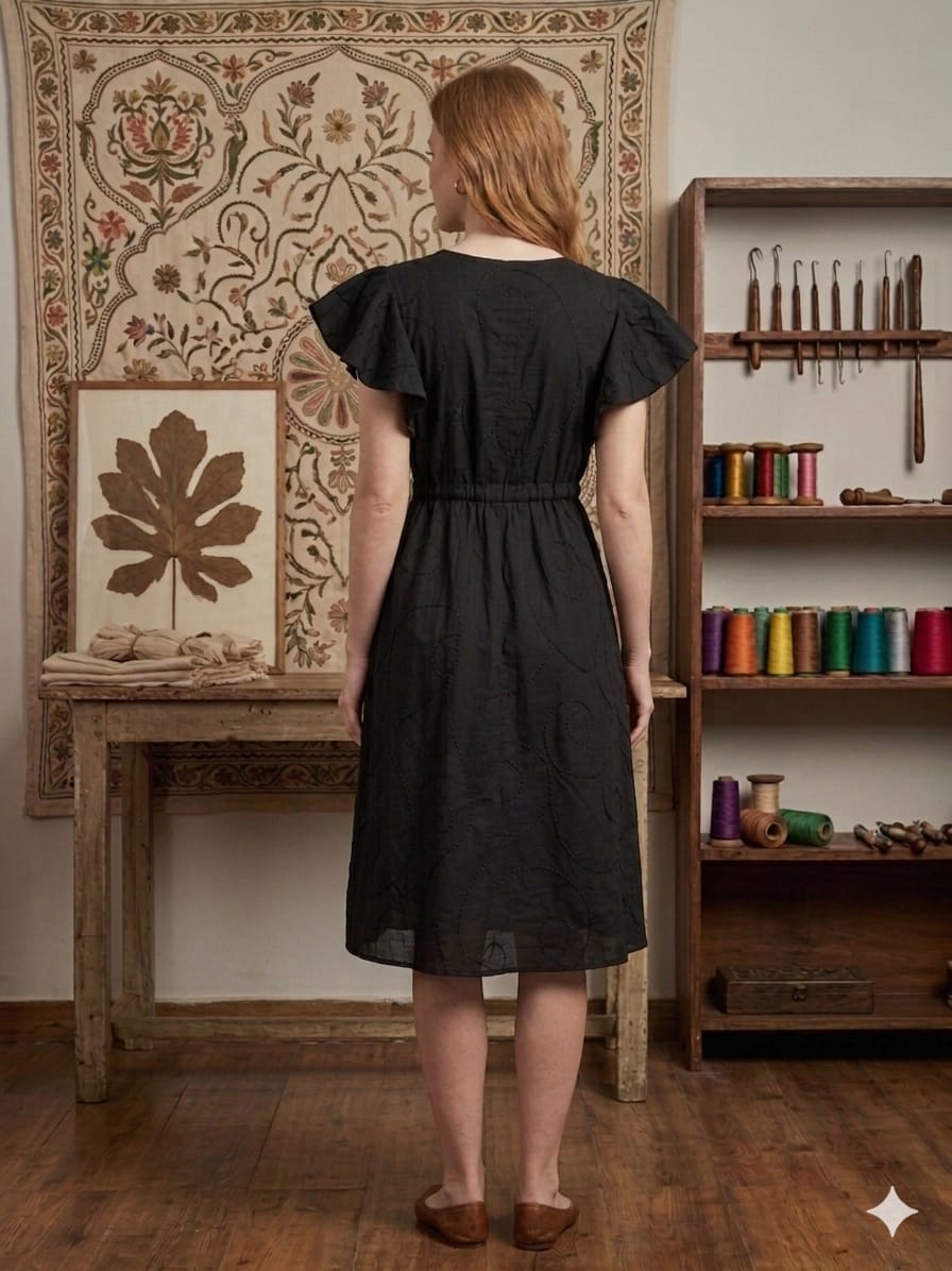 Women’s Black Rayon Umbrella Style A-Line Dress with Drawstring Waist