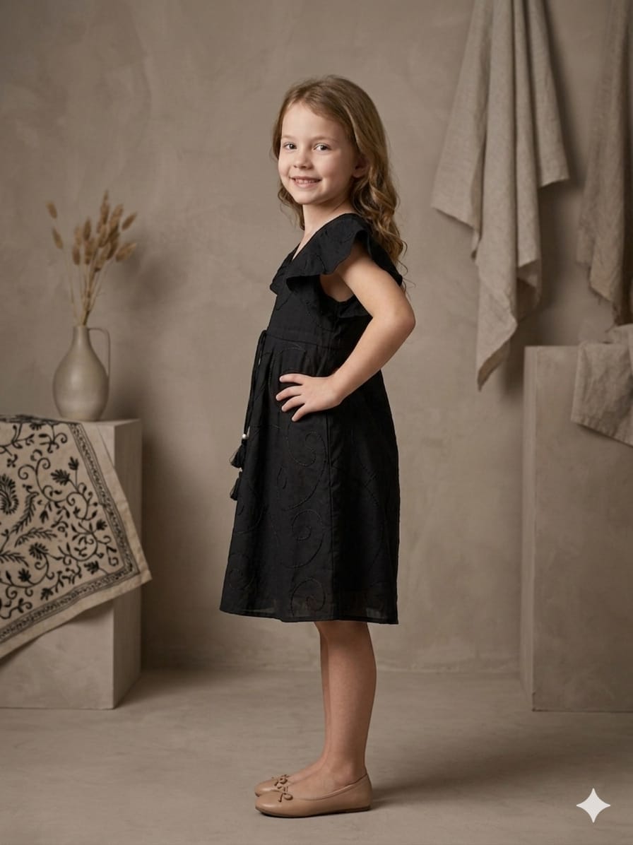 Baby Girls Black Rayon Umbrella Style A-Line Dress with Drawstring Waist