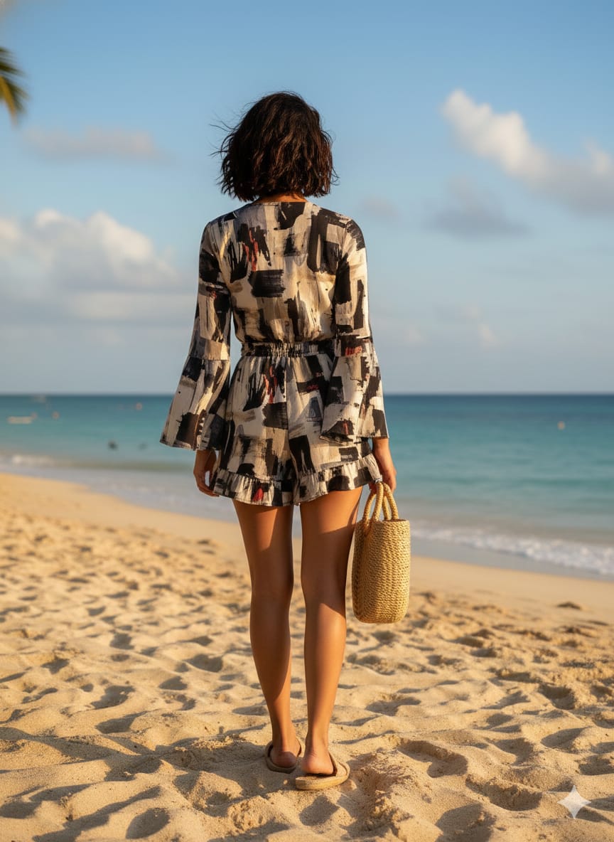 Women’s Black Box Abstract Printed Cotton Beach Wear Set with Tie-Up Top & Shorts