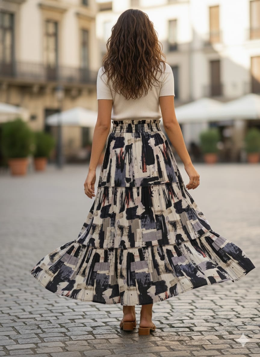 Women’s Black & Beige Abstract Printed Cotton Tiered Skirt