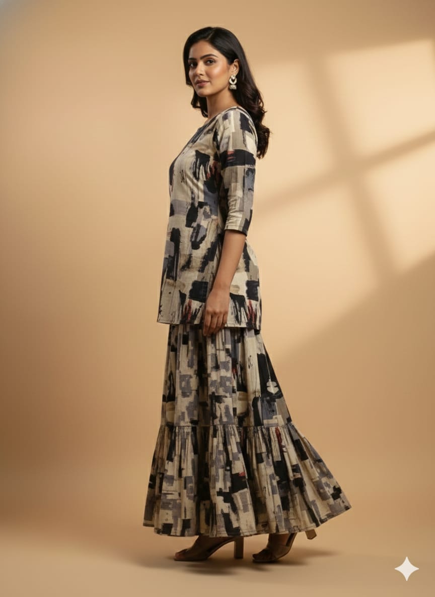 Women’s Artistic Abstract Printed Cotton Kurta with Flared Skirt Set