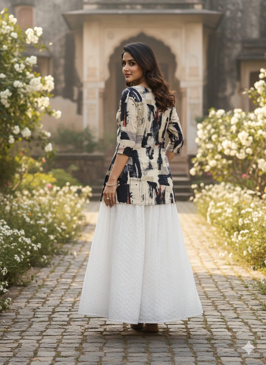 Women’s Abstract Printed Cotton Kurta with Chikankari Flared Skirt Set