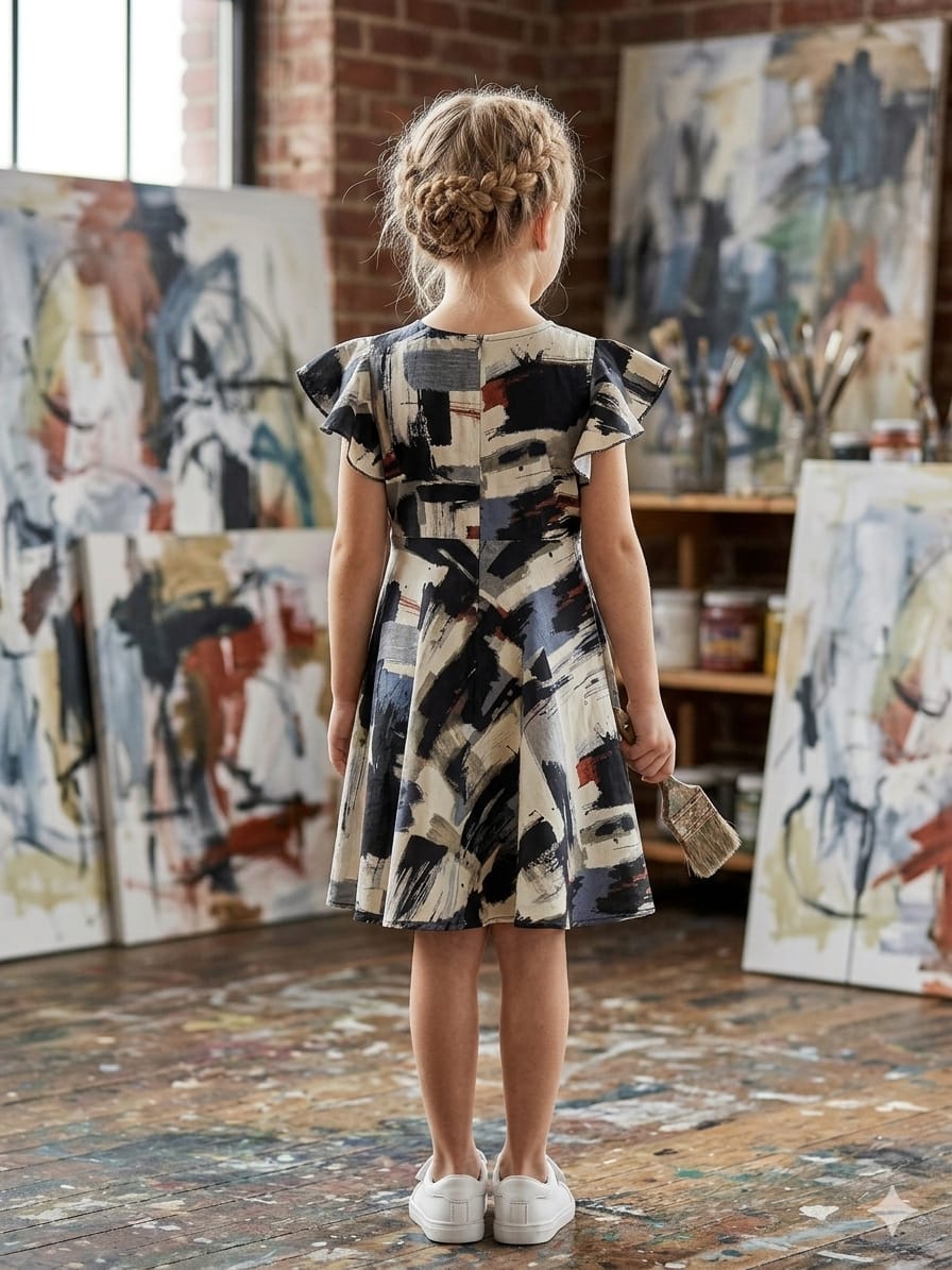 Baby Girls Black Abstract Printed Cotton Umbrella Style A-Line Dress with Flutter Sleeves