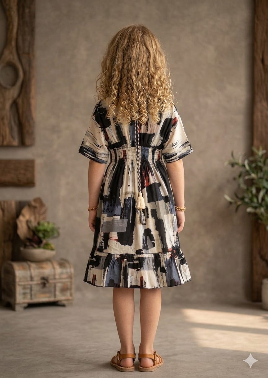 Mom & Me Black Abstract Printed Cotton Kaftan A-Line Dress