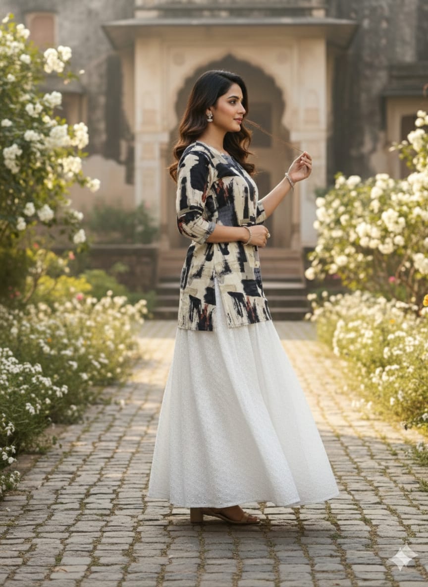 Women’s Abstract Printed Cotton Kurta with Chikankari Flared Skirt Set