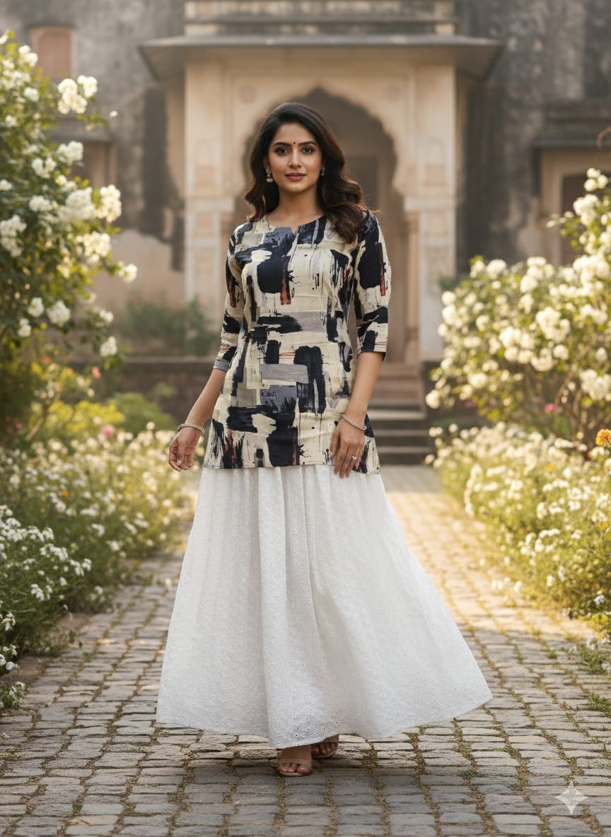 Women’s Abstract Printed Cotton Kurta with Chikankari Flared Skirt Set