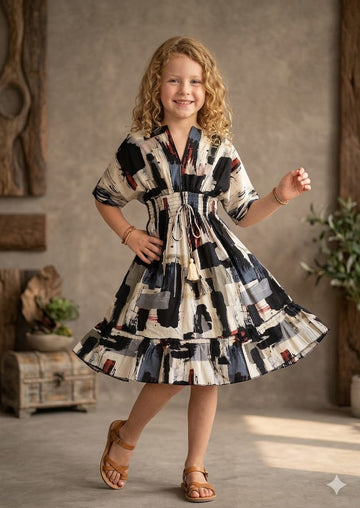Baby Girls Black Abstract Printed Cotton Kaftan A-Line Dress