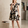 Women’s Black Abstract Printed Cotton Umbrella Style A-Line Dress with Drawstring Waist