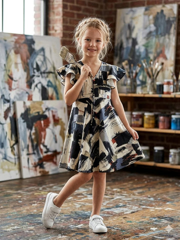 Baby Girls Black Abstract Printed Cotton Umbrella Style A-Line Dress with Flutter Sleeves