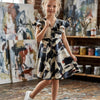 Baby Girls Black Abstract Printed Cotton Umbrella Style A-Line Dress with Flutter Sleeves