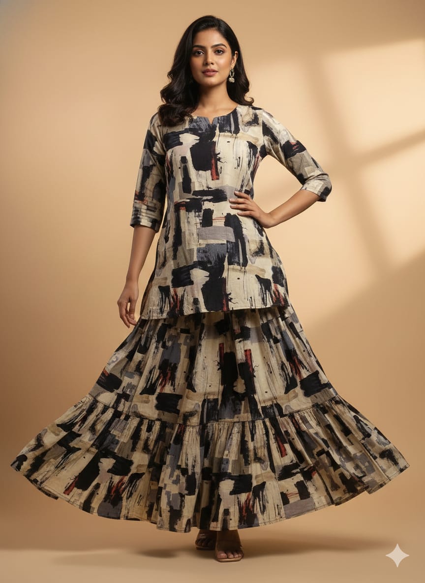 Women’s Artistic Abstract Printed Cotton Kurta with Flared Skirt Set