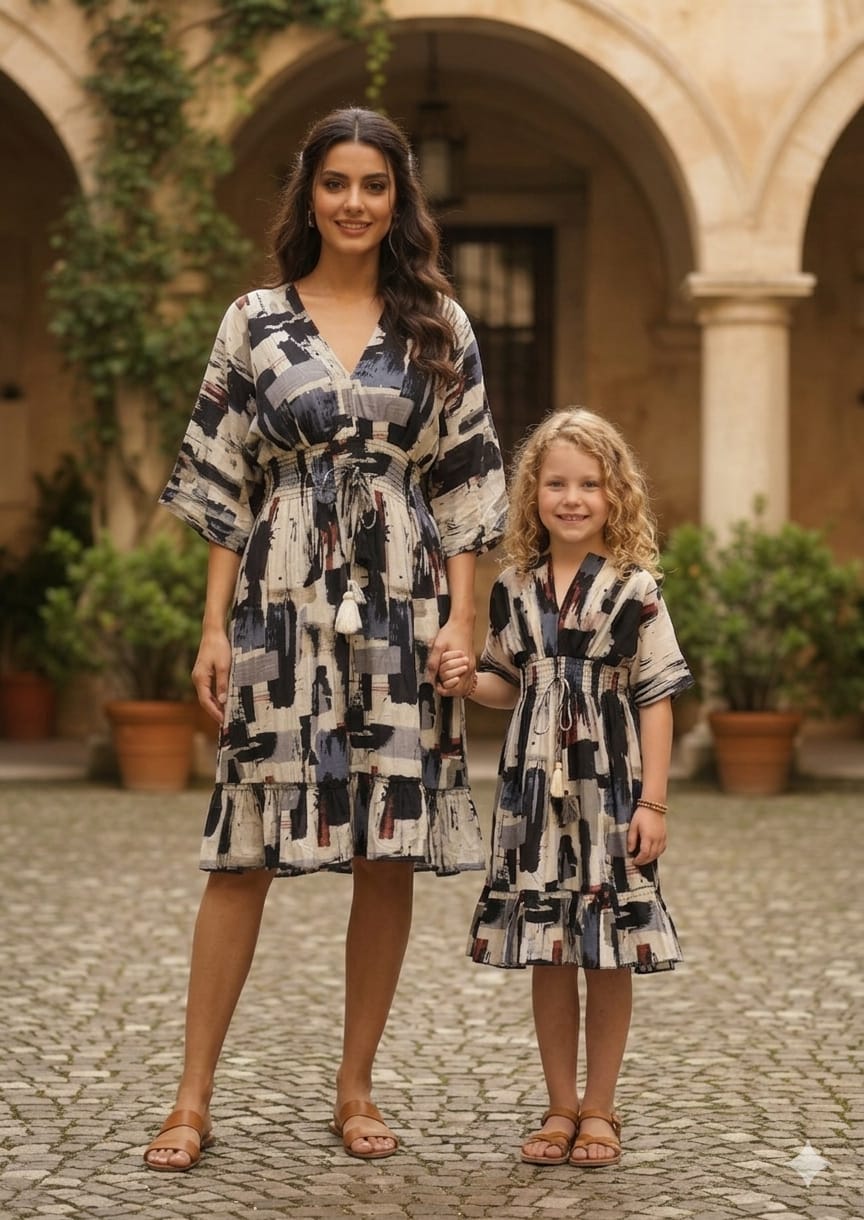 Mom & Me Black Abstract Printed Cotton Kaftan A-Line Dress