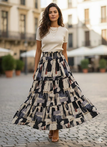 Women’s Black & Beige Abstract Printed Cotton Tiered Skirt