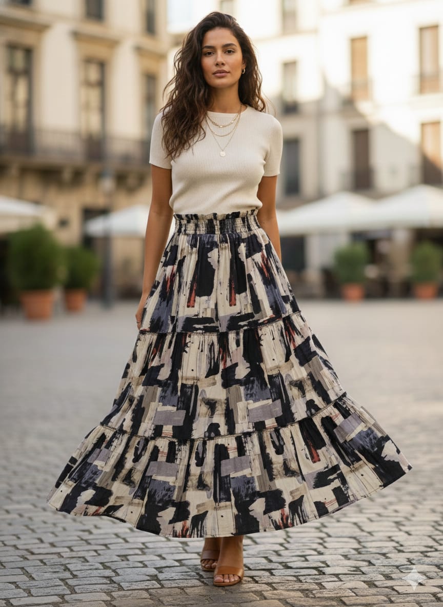 Women’s Black & Beige Abstract Printed Cotton Tiered Skirt