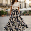 Women’s Black & Beige Abstract Printed Cotton Tiered Skirt