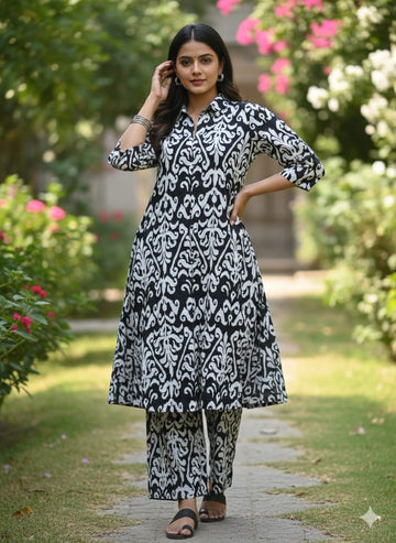 Women’s Black & White Ikat Printed Cotton Kurta Set with Straight Pants