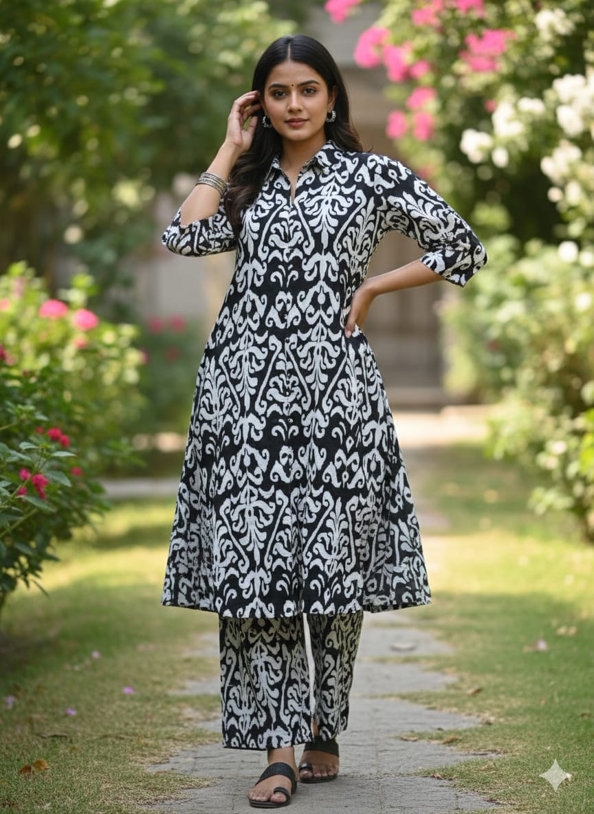 Women’s Black & White Ikat Printed Cotton Kurta Set with Straight Pants