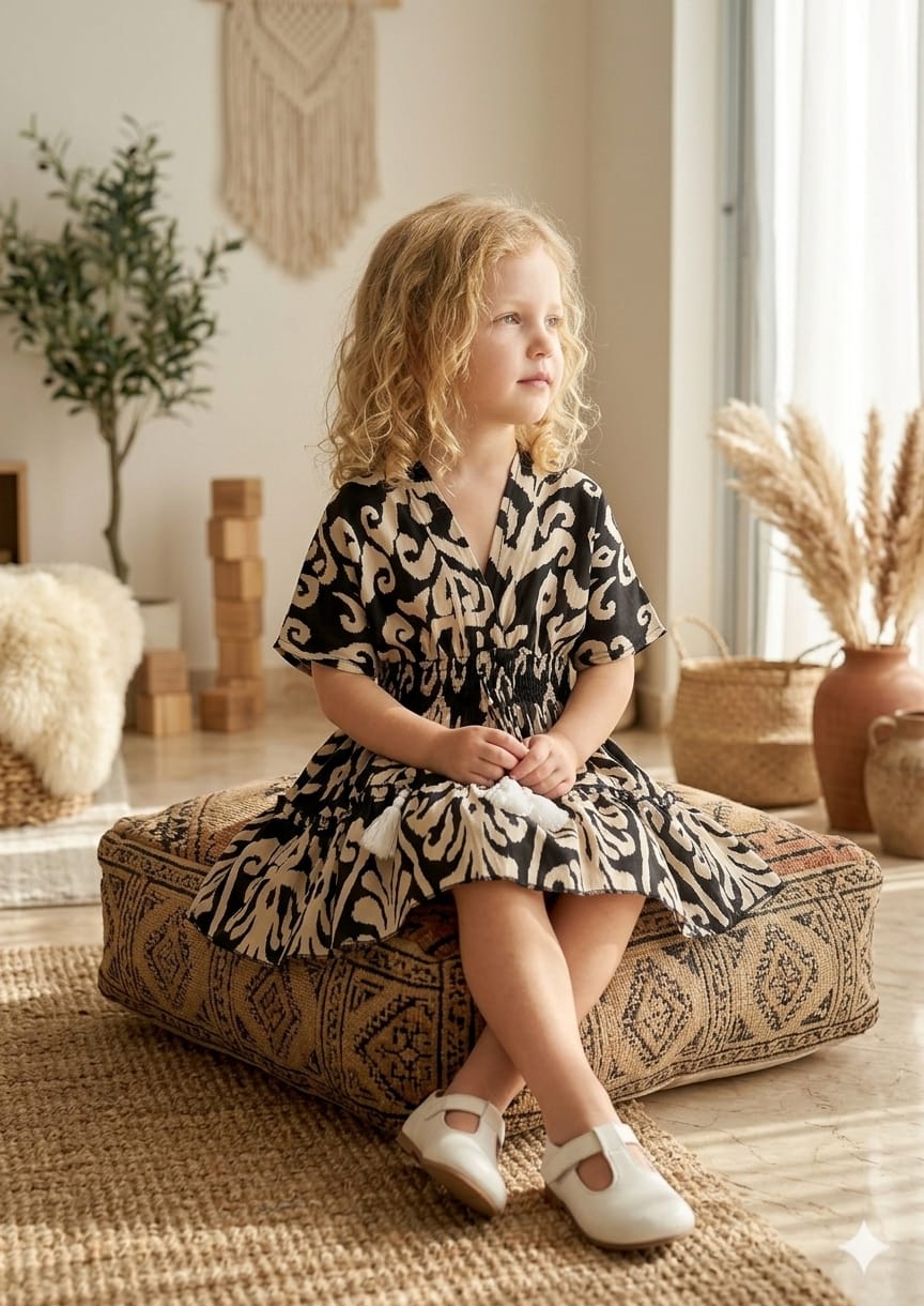 Mom & Me Black Ikat Printed Cotton Kaftan A-Line Dress