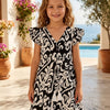 Baby Girls Black Ikkat Printed Cotton Umbrella Style A-Line Dress with Flutter Sleeves