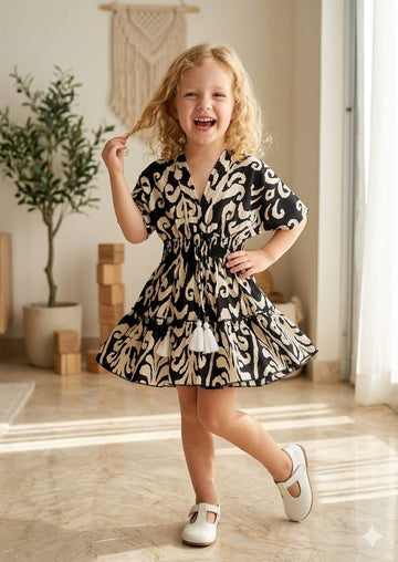 Baby Girls Black Ikkat Printed Cotton Kaftan A-Line Dress