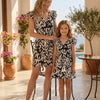 Mom & Me Black Ikat Printed Cotton Umbrella Style A-Line Dress with Drawstring Waist