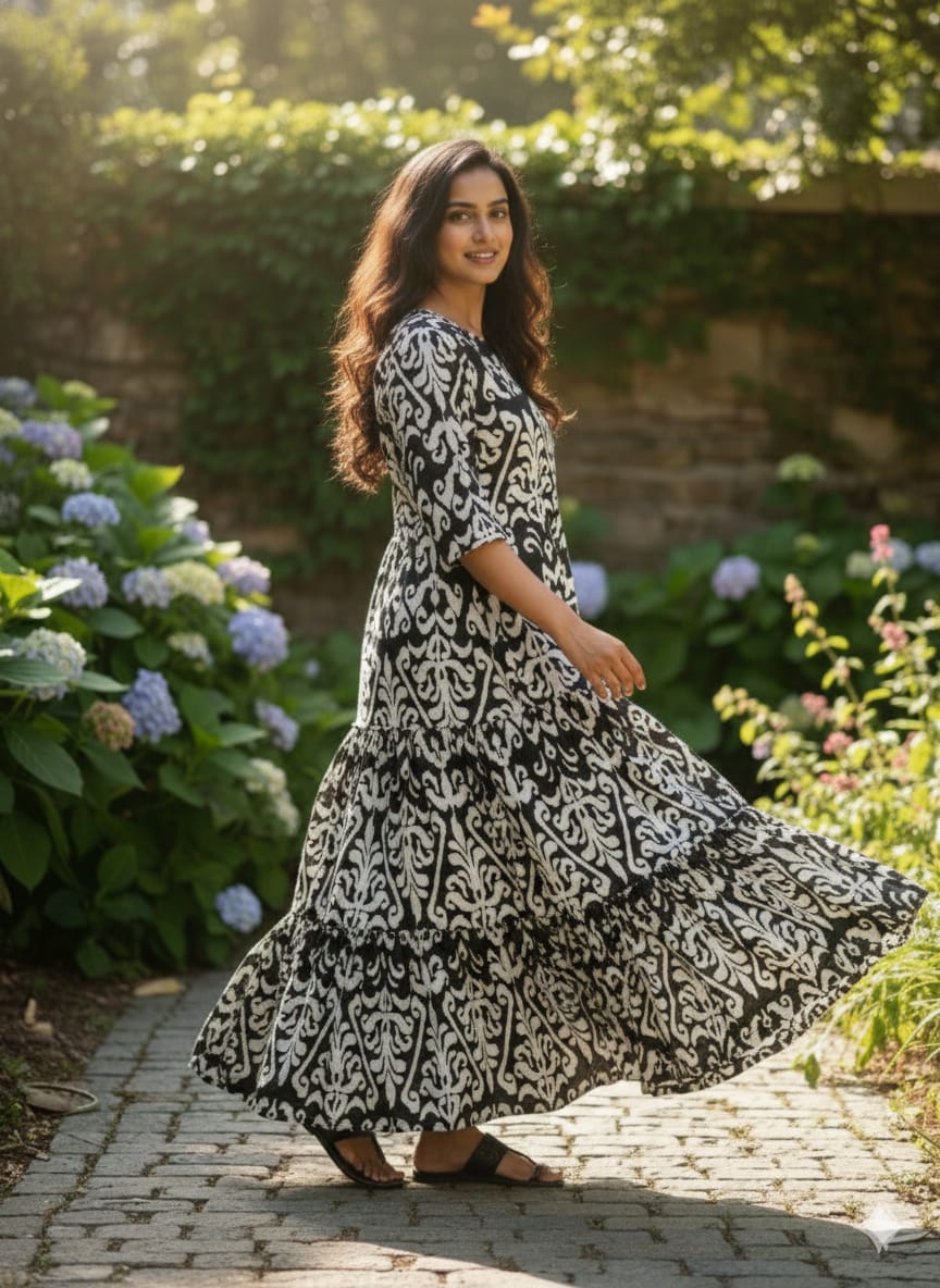 Women’s Black Ikat Printed Cotton Kurta with Flared Skirt Set