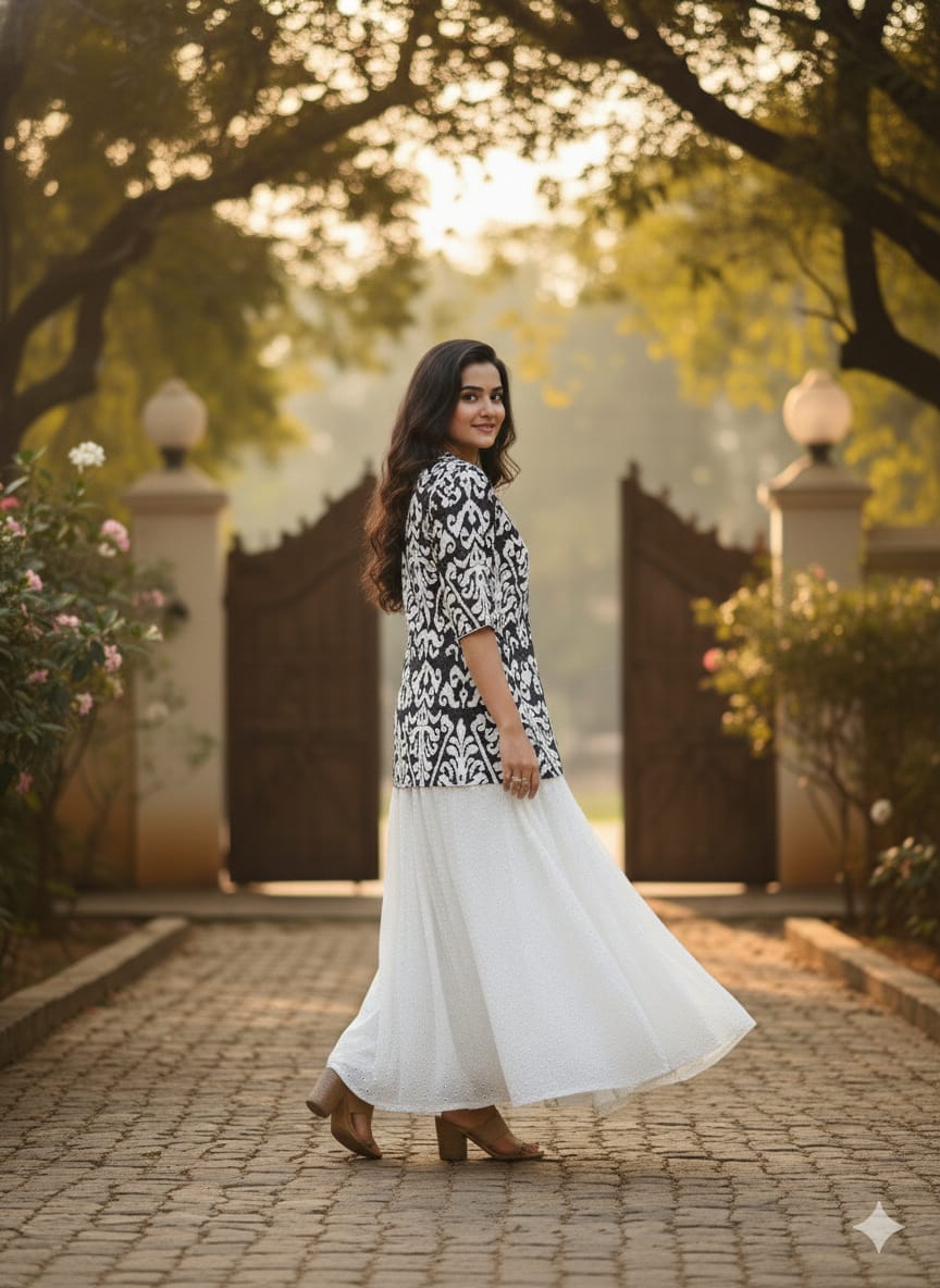 Women’s Black Ikat Printed Cotton Kurta with Chikankari Flared Skirt Set
