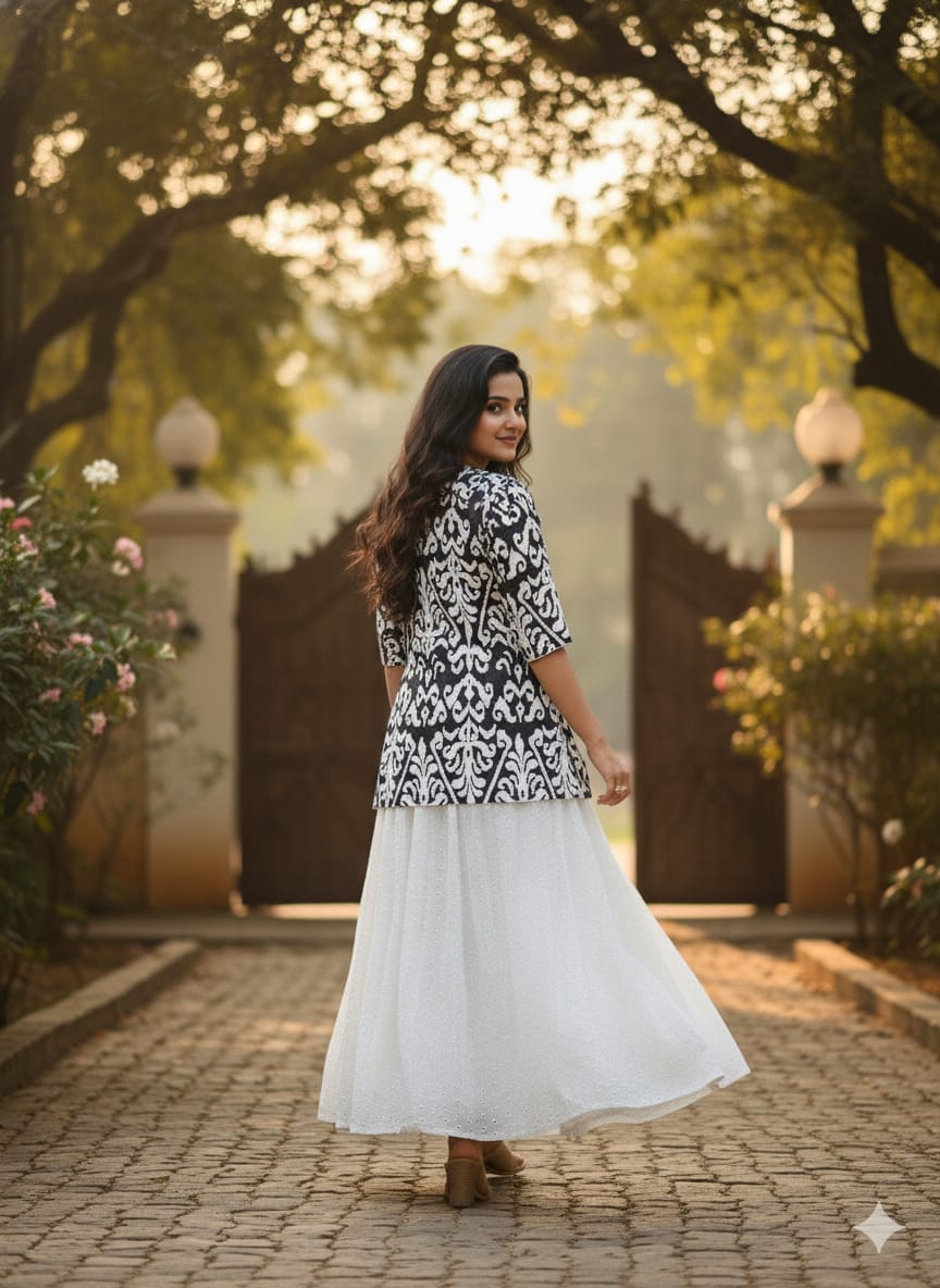 Women’s Black Ikat Printed Cotton Kurta with Chikankari Flared Skirt Set