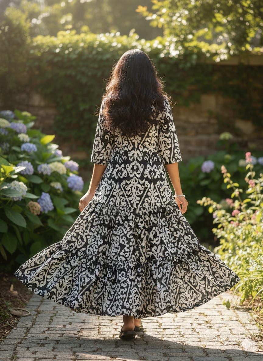 Women’s Black Ikat Printed Cotton Kurta with Flared Skirt Set