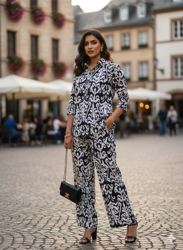 Women’s Black Ikkat Printed Cotton Shirt & Pant Co-Ord Set