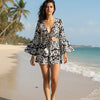Women’s Black Ikkat Printed Cotton Beach Wear Set with Tie-Up Top & Shorts