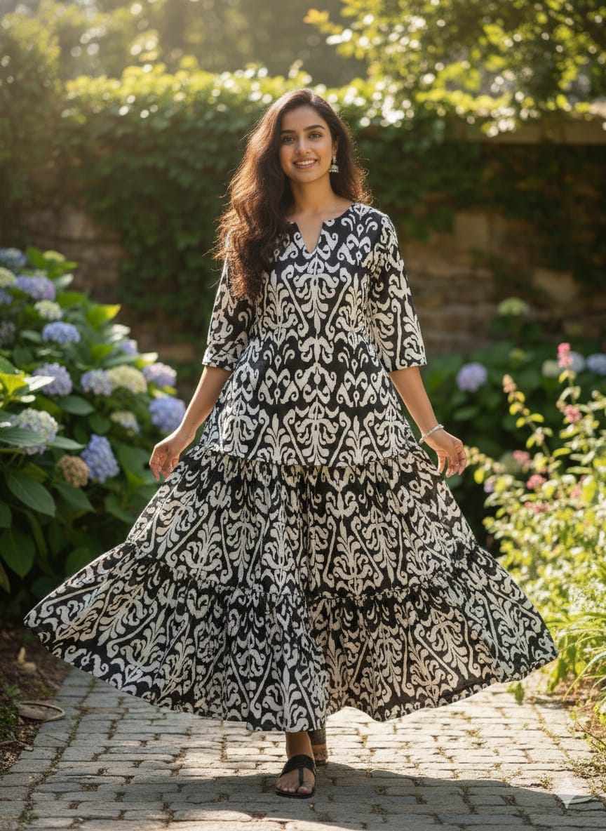 Women’s Black Ikat Printed Cotton Kurta with Flared Skirt Set