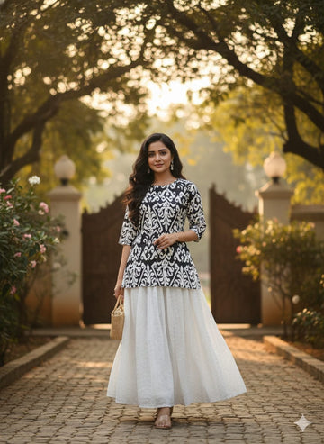 Women’s Black Ikat Printed Cotton Kurta with Chikankari Flared Skirt Set