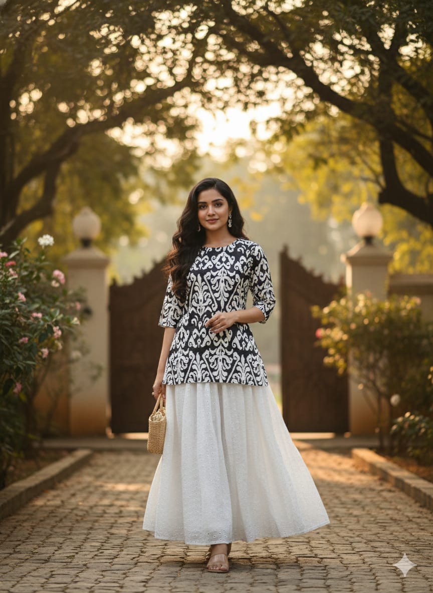 Women’s Black Ikat Printed Cotton Kurta with Chikankari Flared Skirt Set