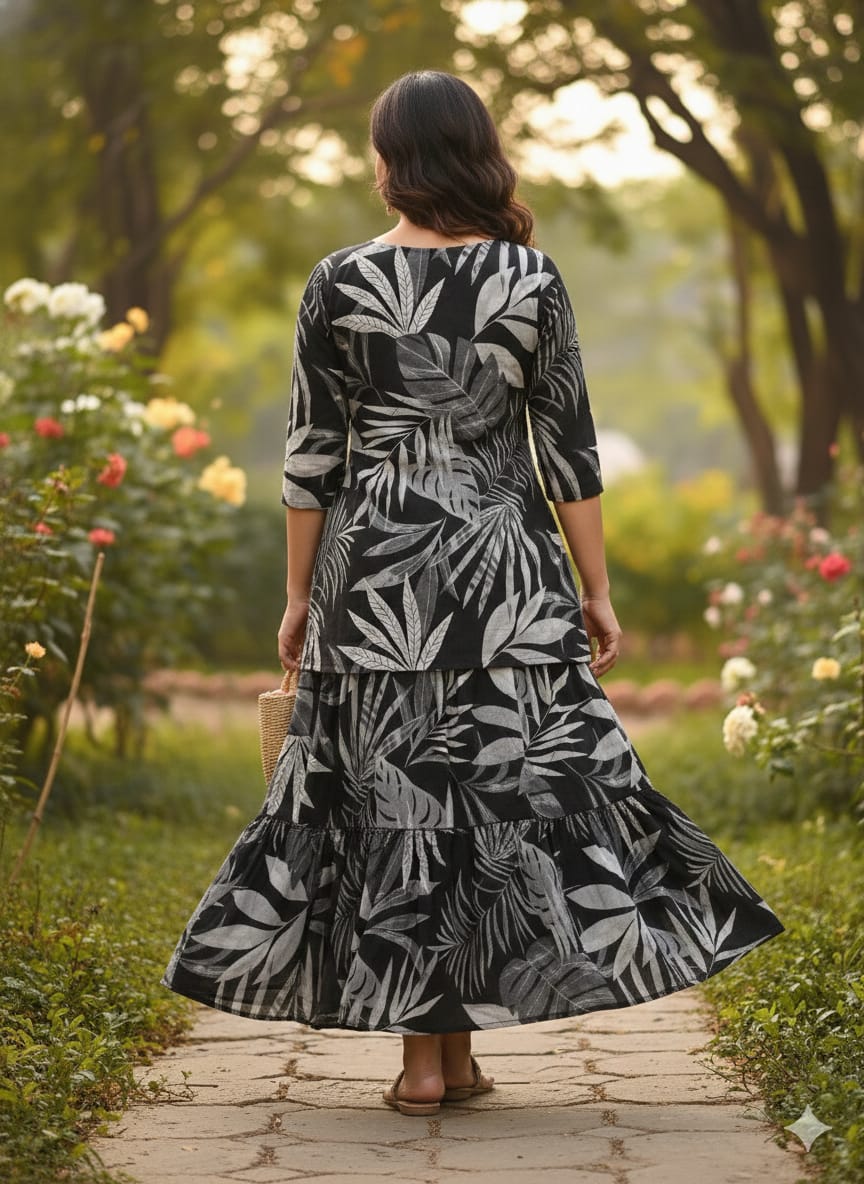 Women’s Black Leaf Printed Cotton Kurta with Flared Skirt Set