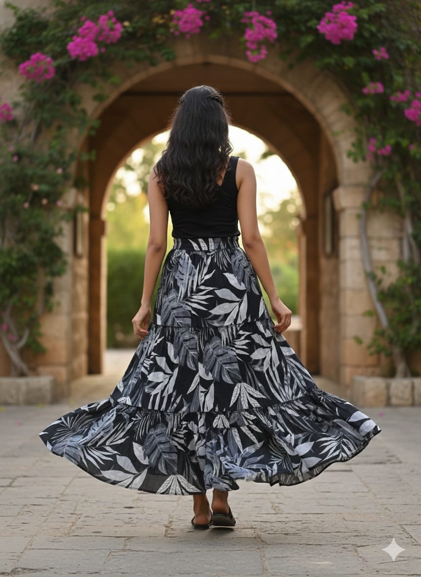 Women’s Black Leaf Printed Cotton Tiered Skirt