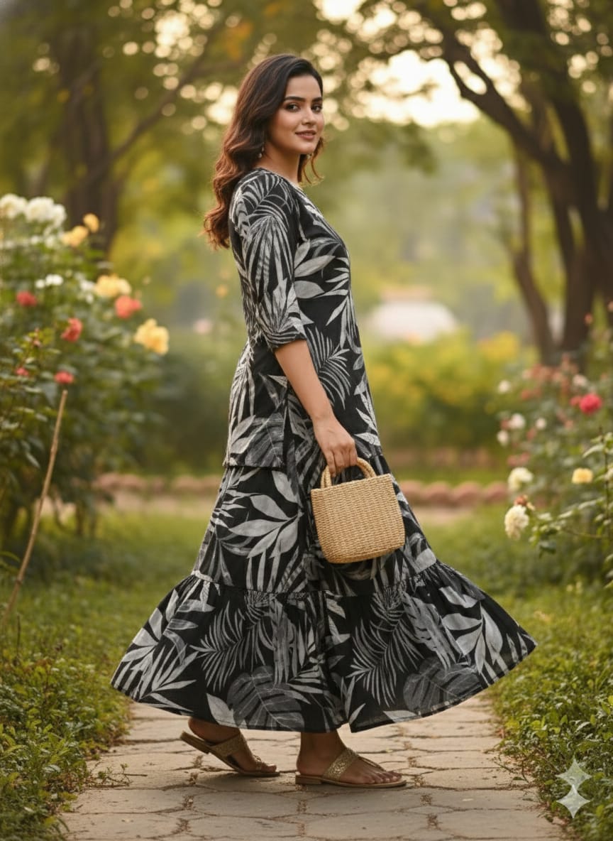 Women’s Black Leaf Printed Cotton Kurta with Flared Skirt Set