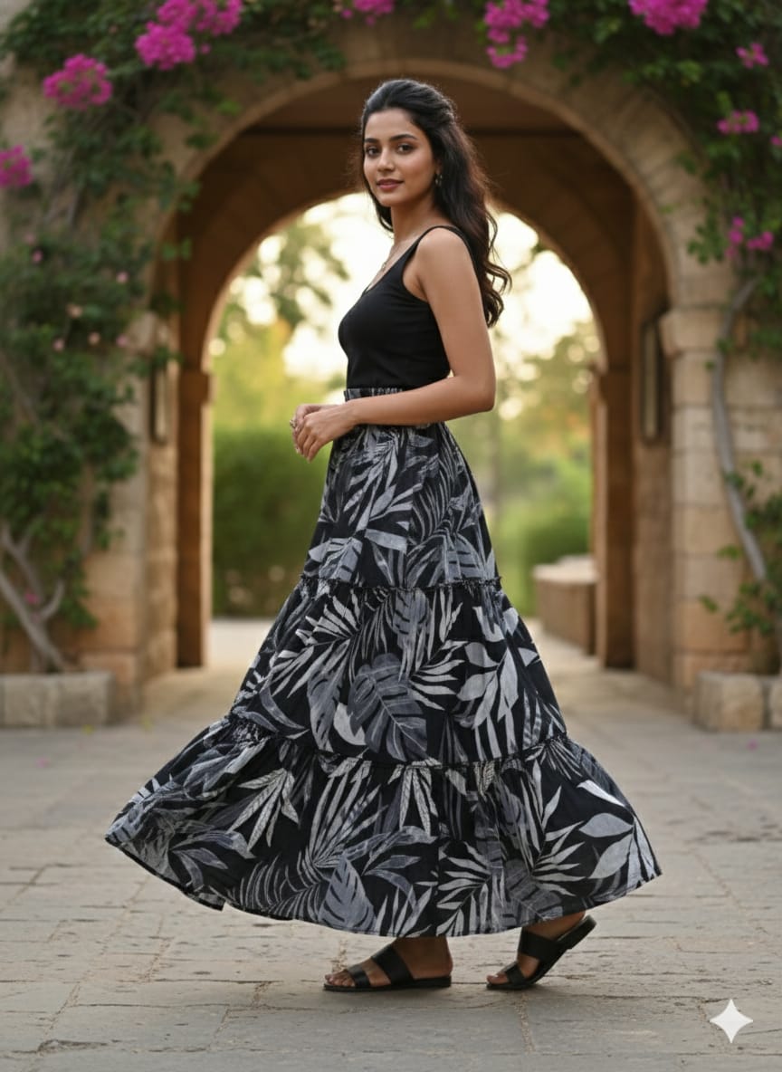 Women’s Black Leaf Printed Cotton Tiered Skirt