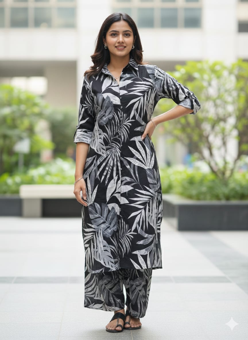 Women’s Black Leaf Printed Cotton Kurta Set with Straight Pants