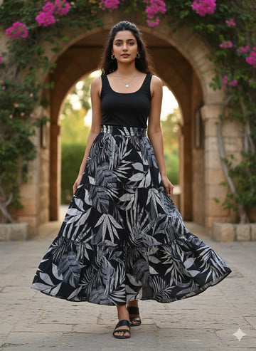 Women’s Black Leaf Printed Cotton Tiered Skirt